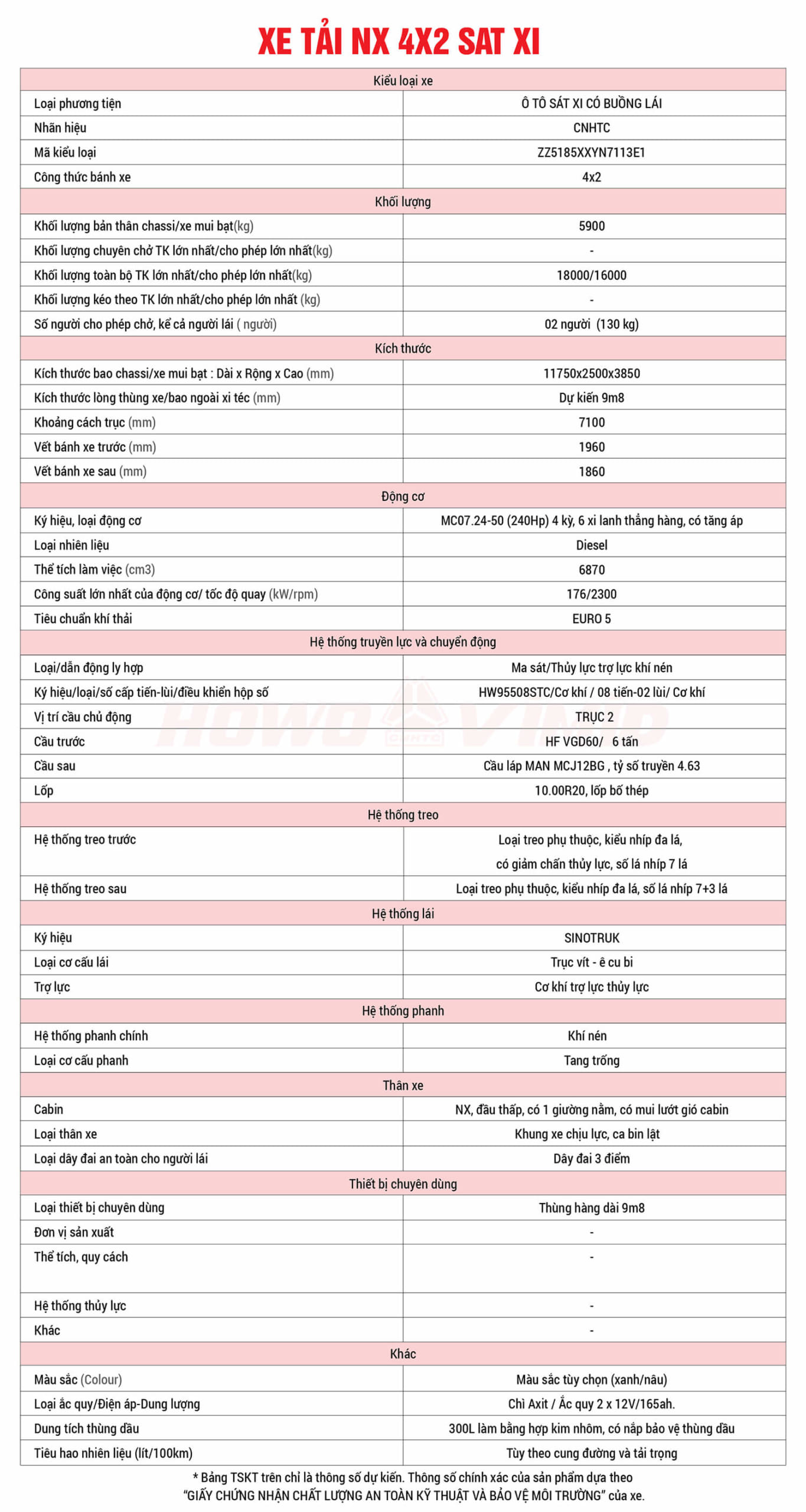 Xe tải NX 4X2 Sát xi 