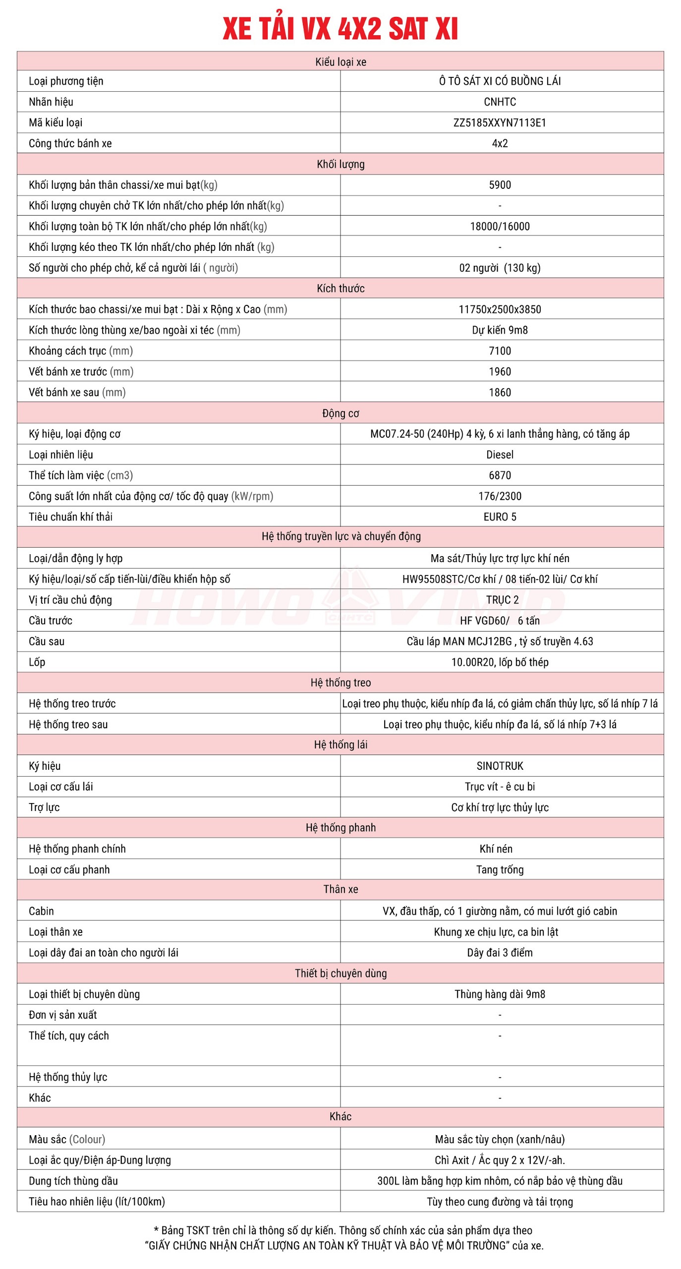 Xe tải VX 4X2 Sát Xi 